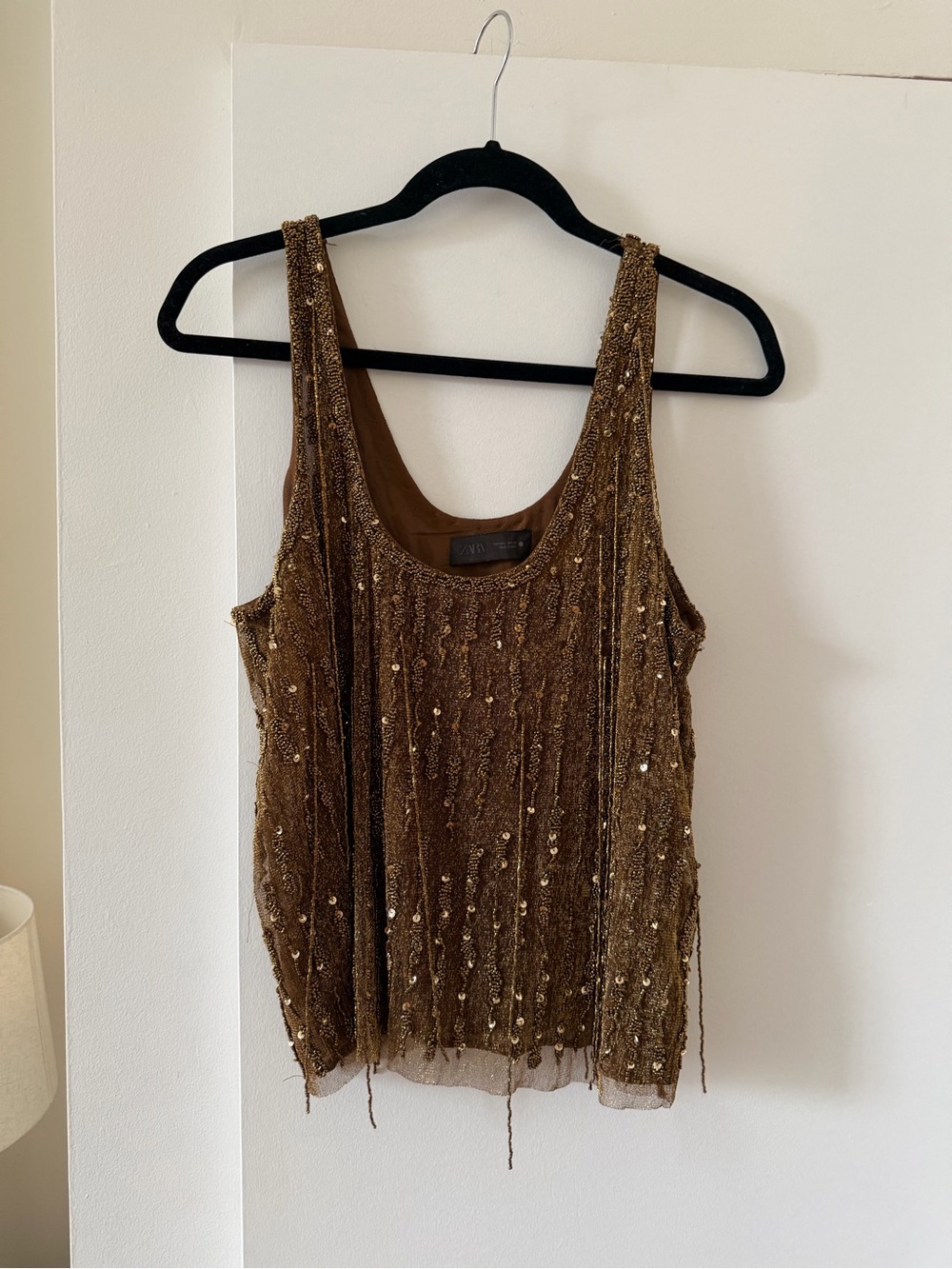 ZARA Sequin Embellished Tank Top in Brown/Gold